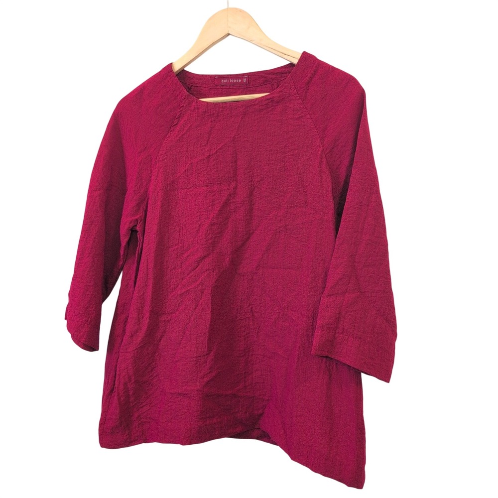 Cut Loose Womens XS Berry Red Textured Linen 3/4 Sleeve Pocket Tunic Top Natural